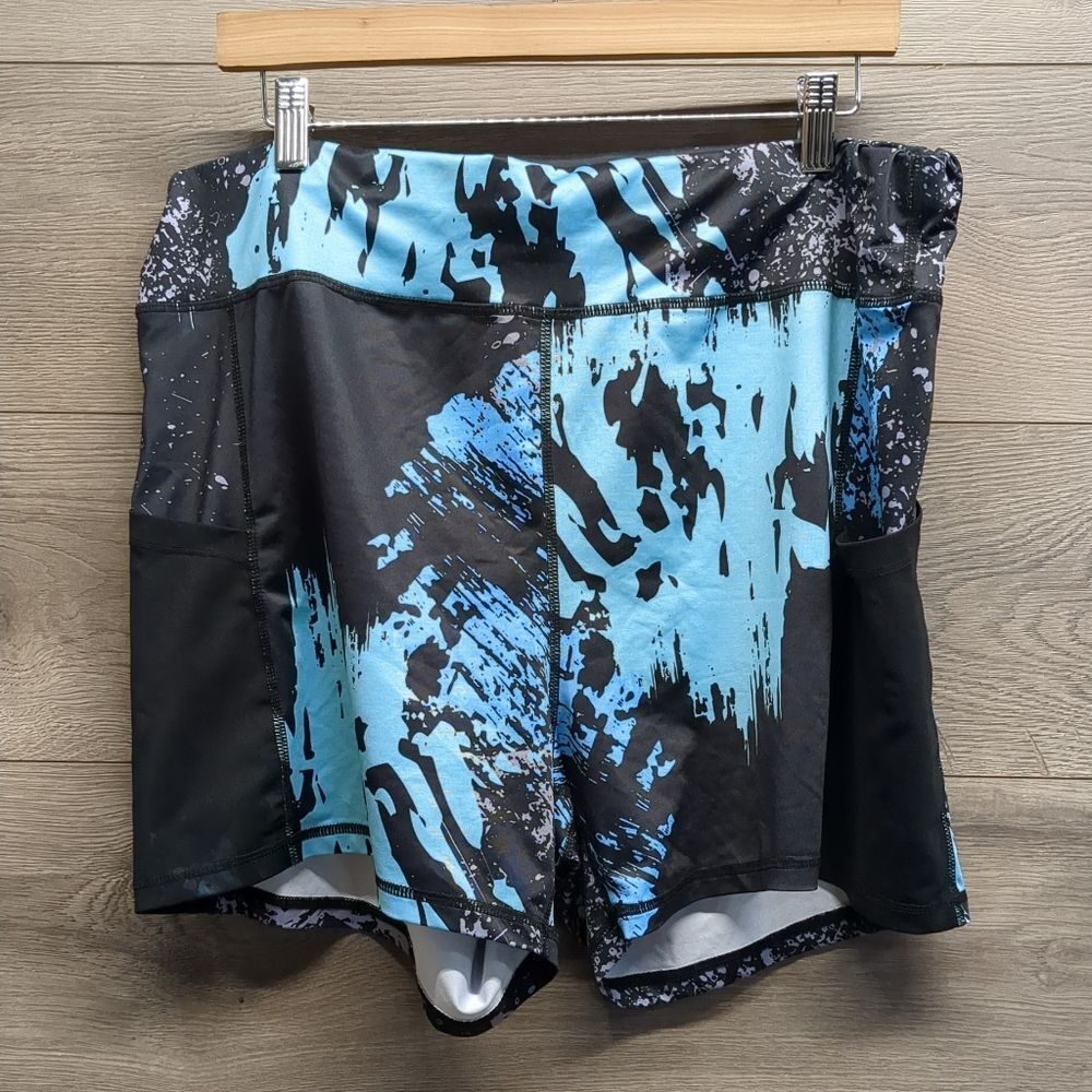 Women's Plus Size 4X Black Blue Print Stretch Pockets Workout Athletic Shorts